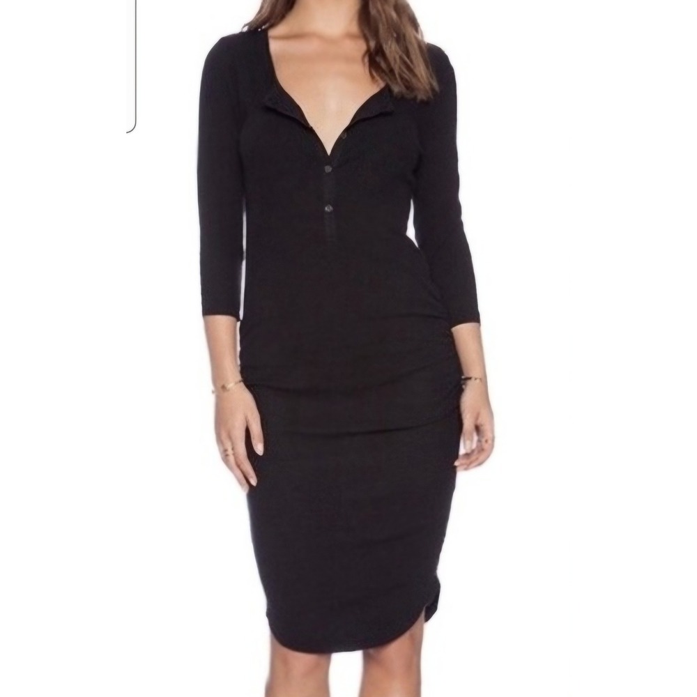 JAMES PERSE Standard Waffle Knit Henley Dress Charcoal Blk Cotton Modal Sz 2 (M)